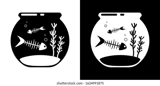 set of illustrations aquarium with fish skeleton. black and white. terrifying pet. concept of magic, mysticism and voodoo. for fabric, cards, prints, wallpapers