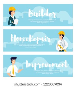 Set of illustrations of architects at work. Banner vector illustration of working cartoon characters on the background of the city. The concept of construction, architecture, design