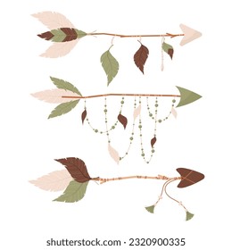 Set of illustrations of arrows in boho style with feathers and beads on a white background.