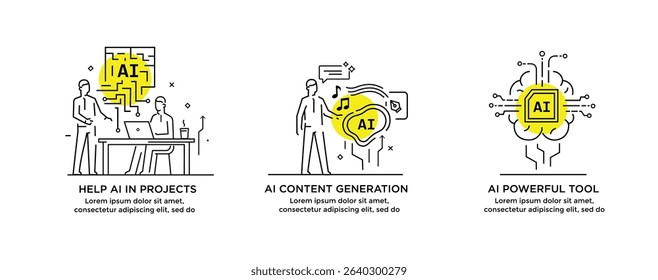 Set of illustrations artificial intelligence helps humans. technology, partnership, artificial intelligence, business robot, cyber. linear illustration Icons infographics. Landing page site print post