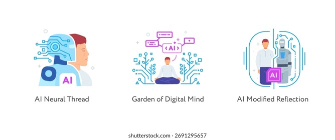 Conjunto de ilustrações inteligência artificial ajuda os seres humanos. tecnologia, parceria, inteligência artificial robô de negócios, cibos. ilustração linear Ícones infográficos. Impressão do site da página inicial