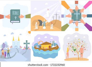 Set illustrations. Ascension of Jesus Christ. The Sacrifice of the Messiah for the Atonement of Mankind. Learn the word of God. Bible story design concept. Colorful vector illustration.