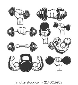 Set of illustrations of athlete hand with dumbbell, kettlebell. Design element for poster, card, banner, sign. Vector illustration