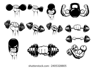 Set of illustrations of athlete hand with dumbell, barbell. Design element for poster, emblem, sign, label.