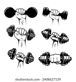 Set of illustrations of athlete hand with dumbell, barbell. Design element for poster, emblem, sign, label.