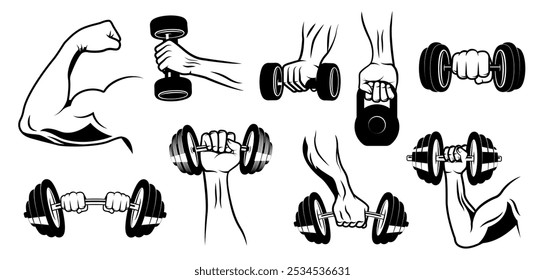 Set of illustrations of athlete hand with dumbell, barbell vector icon