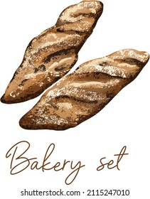 A set of illustrations in the author's style for a bakery. Vector illustration of buns and baguettes