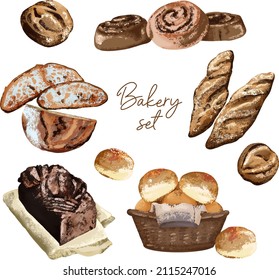 A set of illustrations in the author's style for a bakery. Vector illustration of buns and baguettes