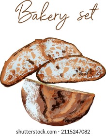 A set of illustrations in the author's style for a bakery. Vector illustration of buns and baguettes