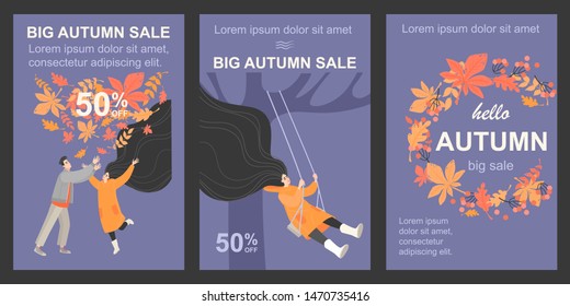 Set of illustrations of the autumn sale with characters on a background of leaf fall. Discount announcement. Vector images for the design of banners, flyers and invitation cards.