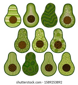 Set of illustrations avocado. Doodle detailed illustration. Isolated. For greeting cards, printing on t-shirts.