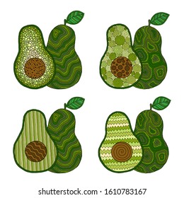 Set of illustrations avocado. Doodle detailed illustration. Isolated. For greeting cards, printing on t-shirts.