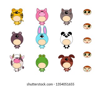 Set of illustrations of babies in animal costume - tiger, pig, cat, bear, panda, toad, cow, hare, dog