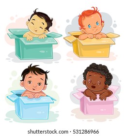 Set illustrations of babies  different races sitting in boxes