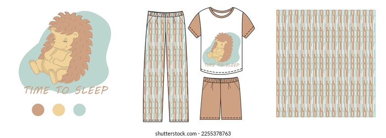 A set of illustrations for a baby with a hedgehog.Cute designer pajamas.Children's background for clothes,decor to create a room,print for a t-shirt.Sketch of a hedgehog with the inscription it's time