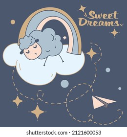 A set of illustrations for baby sleep. Baby design. Vector illustration with cute sheep, stars and dream attributes. Simple cartoon cozy style.