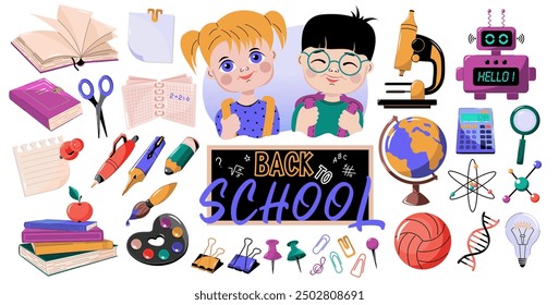 Set of illustrations Back to school for design, scrapbooking, stickers. Concept of primary and secondary education. School supplies and subjects.
