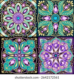 Set of illustrations backgrounds brooches-mandalas, made in the technique of dot painting