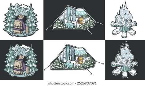 Conjunto de ilustrações com um mochileiro admirando uma paisagem de montanha nevada e uma vista de dentro de uma tenda de um mochileiro desfrutando de um lago congelado