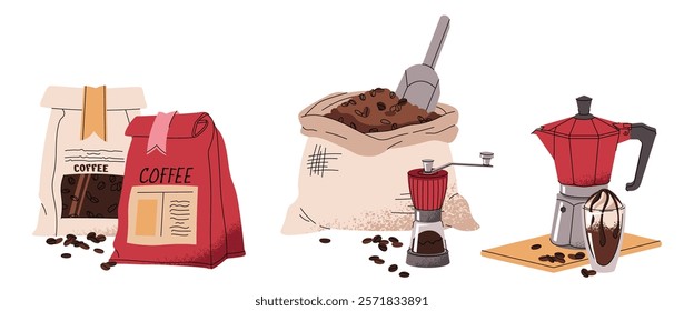 Set of illustrations of a bag of coffee and a moka pot in a flat doodle style. Coffee drink. Coffee break. Tasty composition for a menu, sticker, postcard, etc.