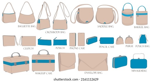 Set of illustrations of bags in pastel colors. Baguette, crossbody, envelope, barrel, clutch, purse, makeup case, pouch. Collection of luxury modern accessories.