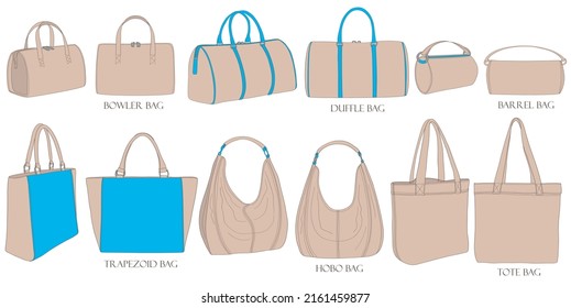 Set of illustrations of bags in pastel colors. Bowling, hobo, trapezoid, duffle, barrel, tote. Collection of luxury modern accessories.