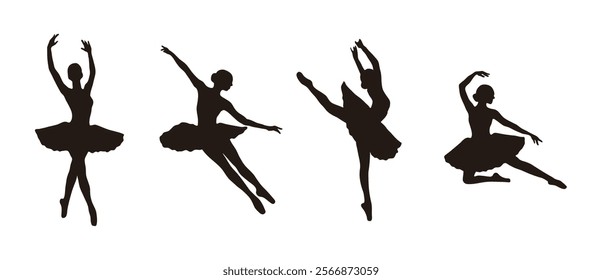 A set of illustrations of ballet movements and choreography, a dance art form that originated in Europe. Shadows of ballerinas, female dancers.