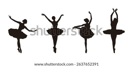 A set of illustrations of ballet movements and choreography, a dance art form that originated in Europe. shadow of a ballerina, female dancer.