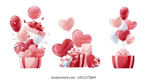 Set of illustrations of balloons with gift boxes on white background. Suitable for designing banners, greeting cards, posters, flyers for Valentine's Day, Mother's Day, etc.