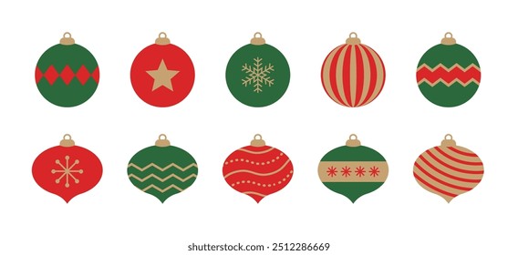 A set of illustrations of balls used to decorate a Christmas tree in the winter of December. The ornaments feature various patterns such as stripes, stars, and snowflakes.