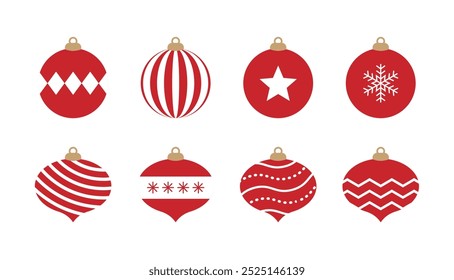 A set of illustrations of balls used to decorate a Christmas tree in the winter of December. The ornaments feature various patterns such as stripes, stars, and snowflakes.