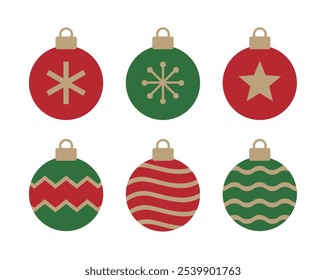 Un conjunto de ilustraciones de bolas utilizadas para decorar un árbol de Navidad en el invierno de diciembre. Los adornos presentan varios patrones como rayas, estrellas y copos de nieve.