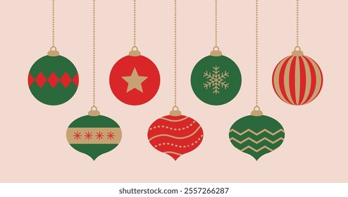 A set of illustrations of balls used to decorate a Christmas tree in the winter of December. The ornaments feature various patterns such as stripes, stars, and snowflakes.