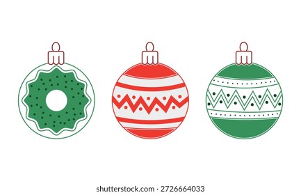 Un conjunto de ilustraciones de bolas utilizadas para decorar un árbol de Navidad en el invierno de diciembre. Los adornos presentan varios patrones como rayas, estrellas y copos de nieve.