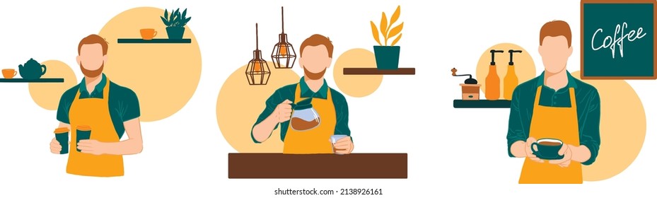 a set of illustrations of a barista making coffee. Vector illustration