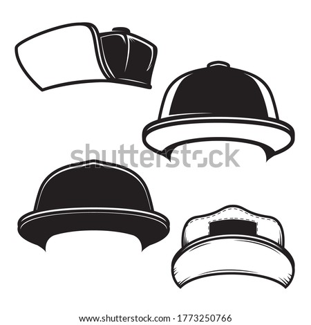 Set of illustrations of baseball caps. Design element for logo, emblem, sign, poster, card, banner. Vector illustration