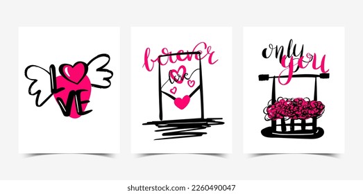 A set of illustrations of a basket of flowers, a love letter and a heart with wings and lettering elements. Valentine's Day Cards