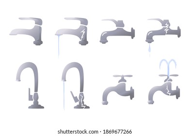 Set of illustrations of bath and sink faucet. Broken tap, water flowing. Fixing faucets, urgent repair of sanitary equipment.