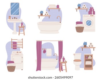 Set of illustrations of bathroom interiors with various furniture and accessories.