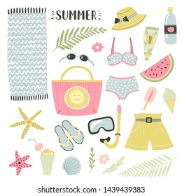 Set of illustrations with beach clothes and accessories. Cartoon style