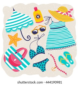 Set of illustrations with beach clothes and accessories