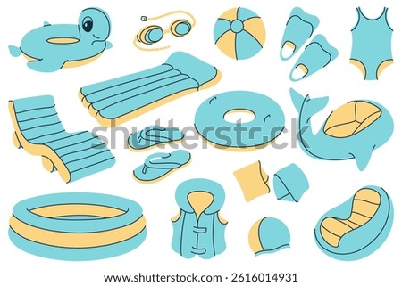 Set of illustrations of beach and pool accessories. Perfect for summer and vacation designs.