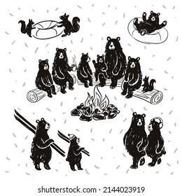 A set of illustrations bears and squirrels spend their winter holidays.