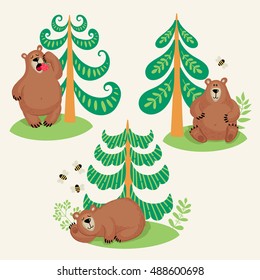 Set of illustrations with bears in the woods