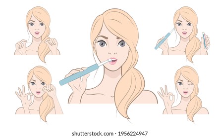 Set of illustrations with a beautiful blonde girl. Dental care. Teeth cleaning.