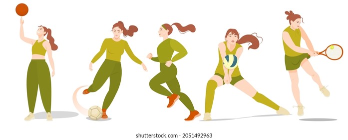 A set of illustrations with beautiful girls - athletes. Football player, basketball player, tennis player, runner, volleyball player. The concept of sports, playing sports, active lifestyle. Vector il