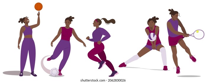 A set of illustrations with beautiful girls - athletes. Football player, basketball player, tennis player, runner, volleyball player. The concept of sports, playing sports, active lifestyle. Vector il