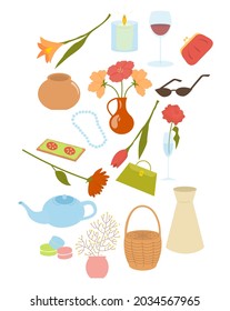 Un conjunto de ilustraciones de hermosos interiores y accesorios femeninos, aperitivos y bebidas. Artículos para el ambiente, confort, consumo consciente, estilo de vida. Ilustración vectorial.