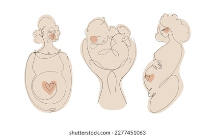 A set of illustrations with a beautiful pregnant woman and a newborn baby in the hands of a father, hand drawing continuing line, pregnancy and motherhood, vector illustration isolated on a white