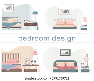 Set of illustrations with bedroom interiors. Cozy home design. Modern beds and other furniture. Decor and accessories.